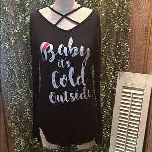 Black Long Sleeve Top with Festive Print